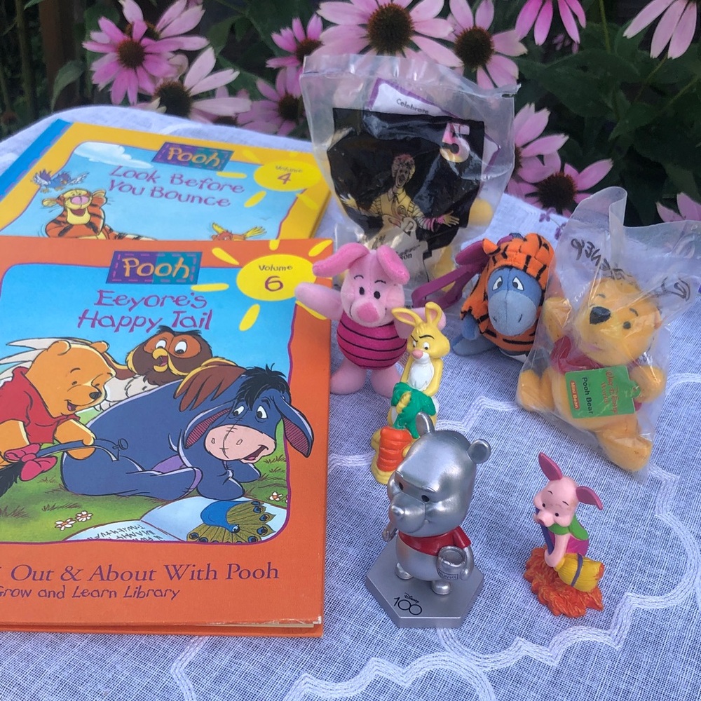 WINNIE THE POOH lot of 2 kid books & 7 resin & stuffed plush toys , bobble head